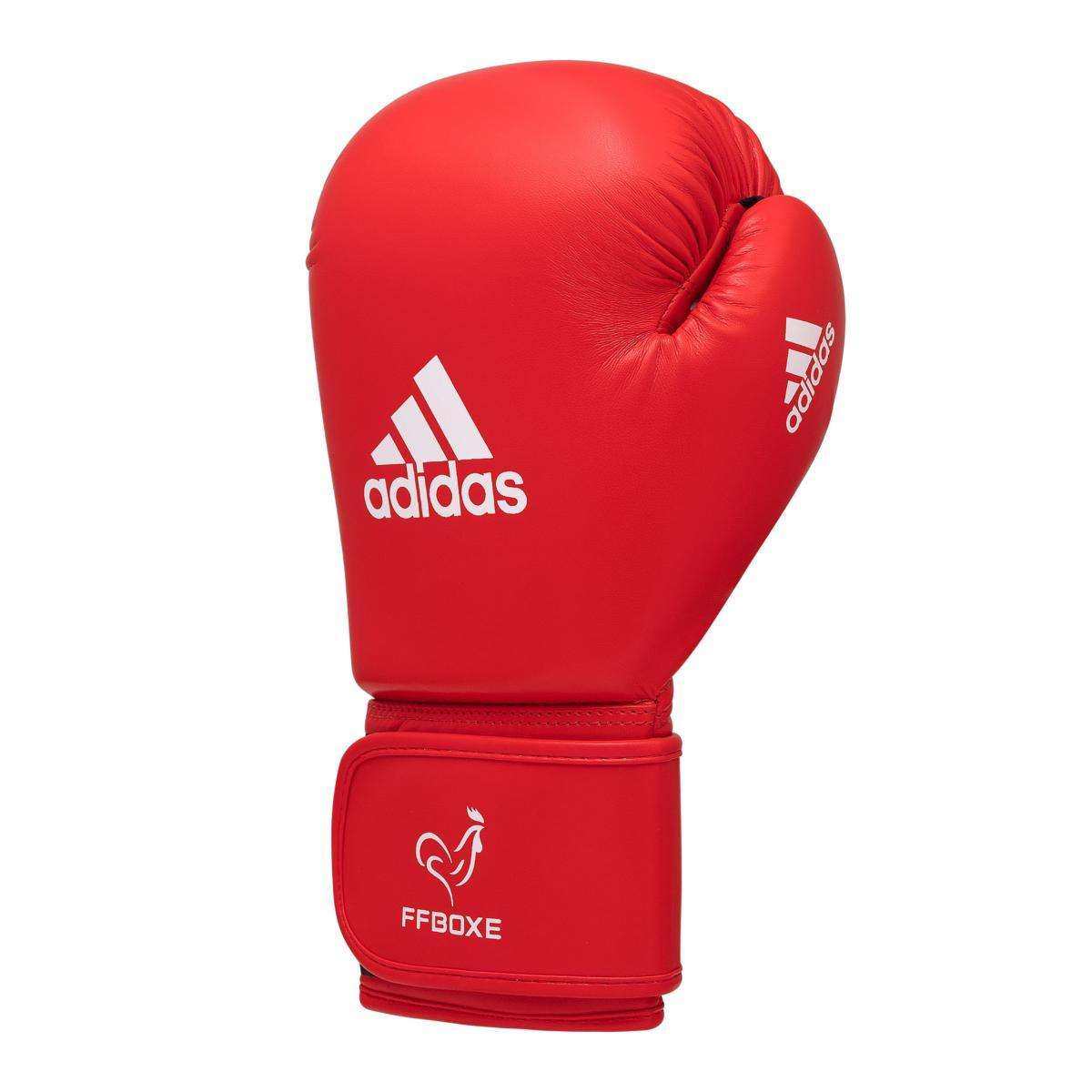 Gant de boxe amateur FFB Adidas rouge en PU, approuvé IBA, fermeture scratch, mousse IMF absorbante, taille 10 ou 12 oz.