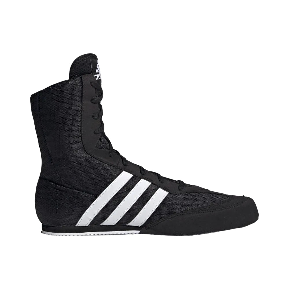 Black and white Adidas Box Hog 2.0 lightweight boxing shoes with EVA sole and mesh ventilation for boxing training and competition