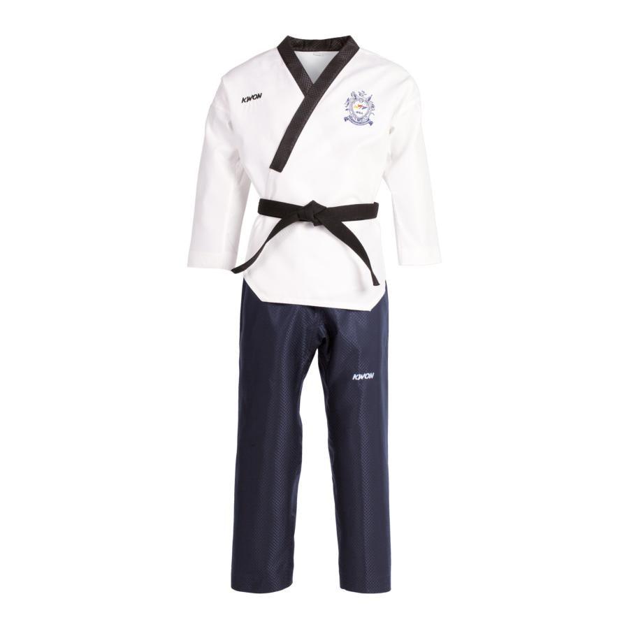 Men's Dobok Poomse WT competition uniform with white crossed jacket and navy pants
