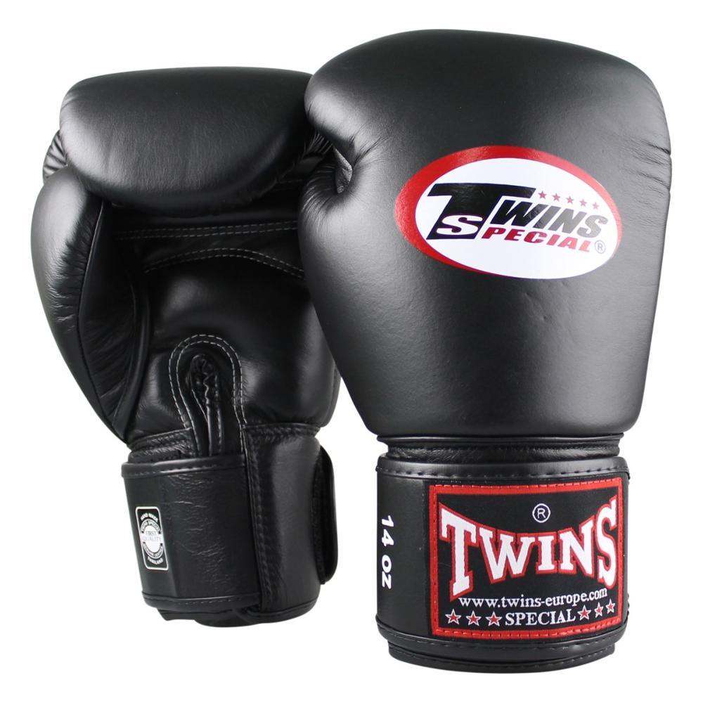 Black Twins BG-N boxing gloves made of 100% buffalo leather with Velcro wrist closure, designed for Muay Thai and combat sports protection.