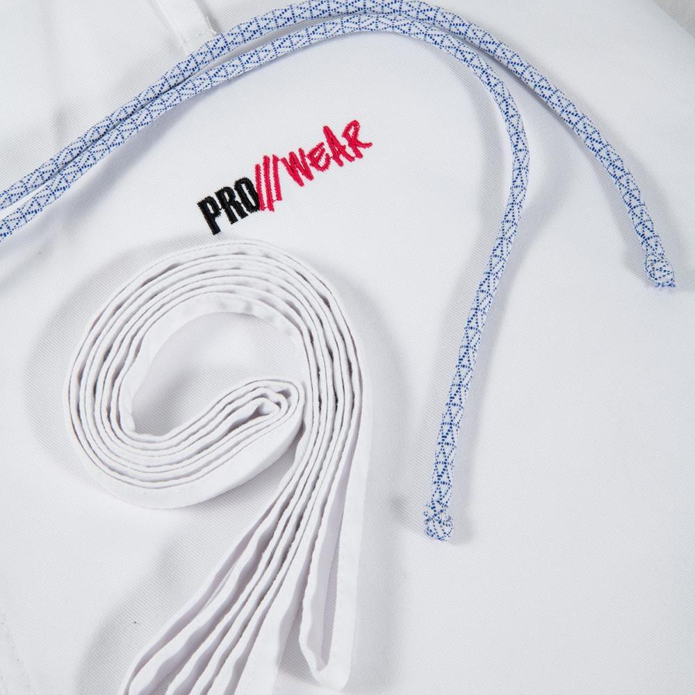 White FUJIMAE ProWear competition judo pants with adjustable straps and reinforced stitching