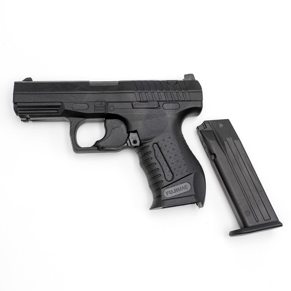 Black realistic training replica of Walther P99 self-defense pistol with removable magazine by FUJIMAE for martial arts and security training