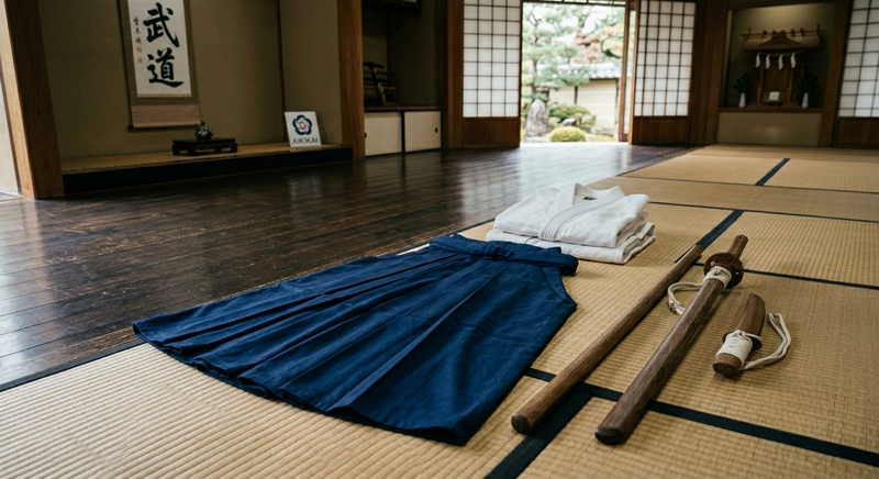 Équipement complet d'aïkido avec hakama, keikogi, bokken, jo et tanto pour l'entraînement