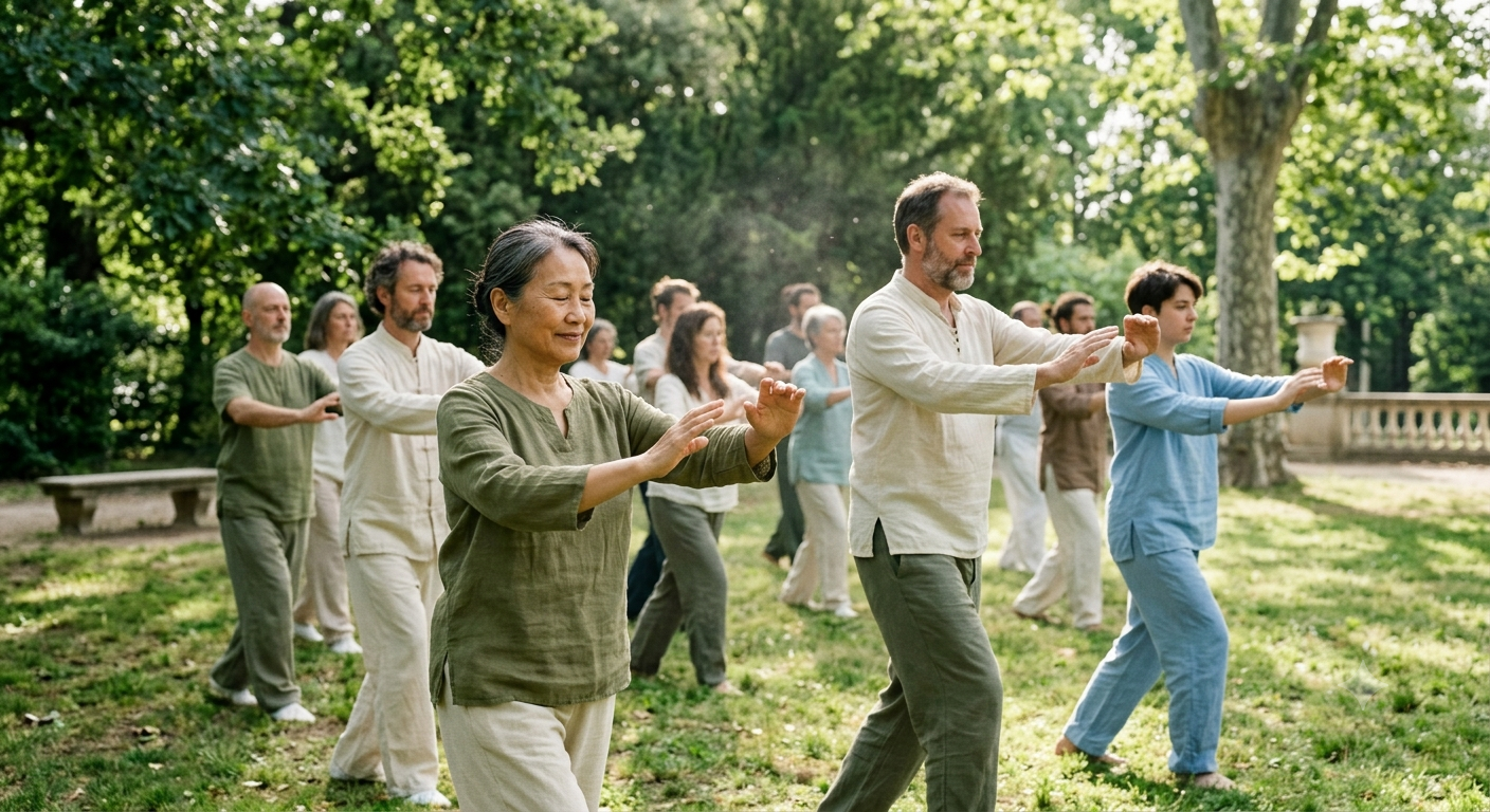 Illustration représentant L'Histoire du Qi Gong avec symboles traditionnels chinois et méditation