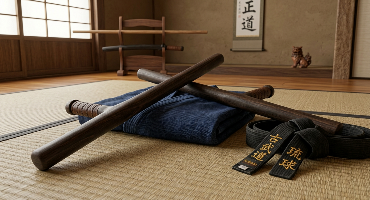 Tonfa posé sur un tissu noir, guide pour bien choisir selon sa pratique