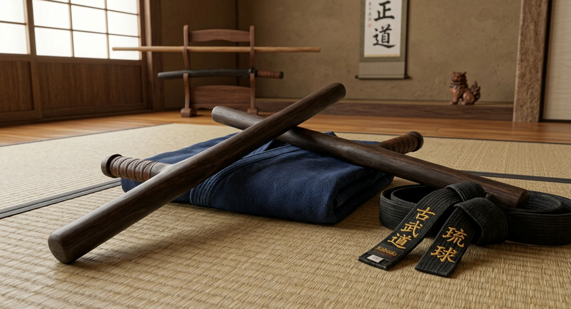Tonfa posé sur un tissu noir, guide pour bien choisir selon sa pratique