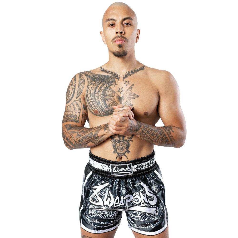 Short de Muay Thaï noir avec motif tigres Sak Yant, léger et résistant pour entraînement et combat