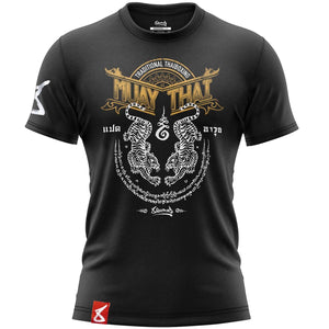 T-shirt noir 8 WEAPONS avec motifs Sak Yant tigres Muay Thaï symbolisant force et protection