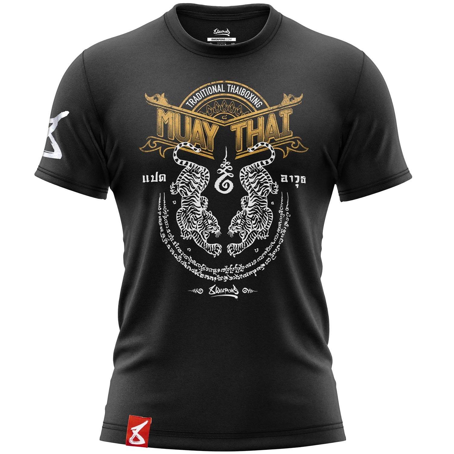 T-shirt noir 8 WEAPONS avec motifs Sak Yant tigres Muay Thaï symbolisant force et protection