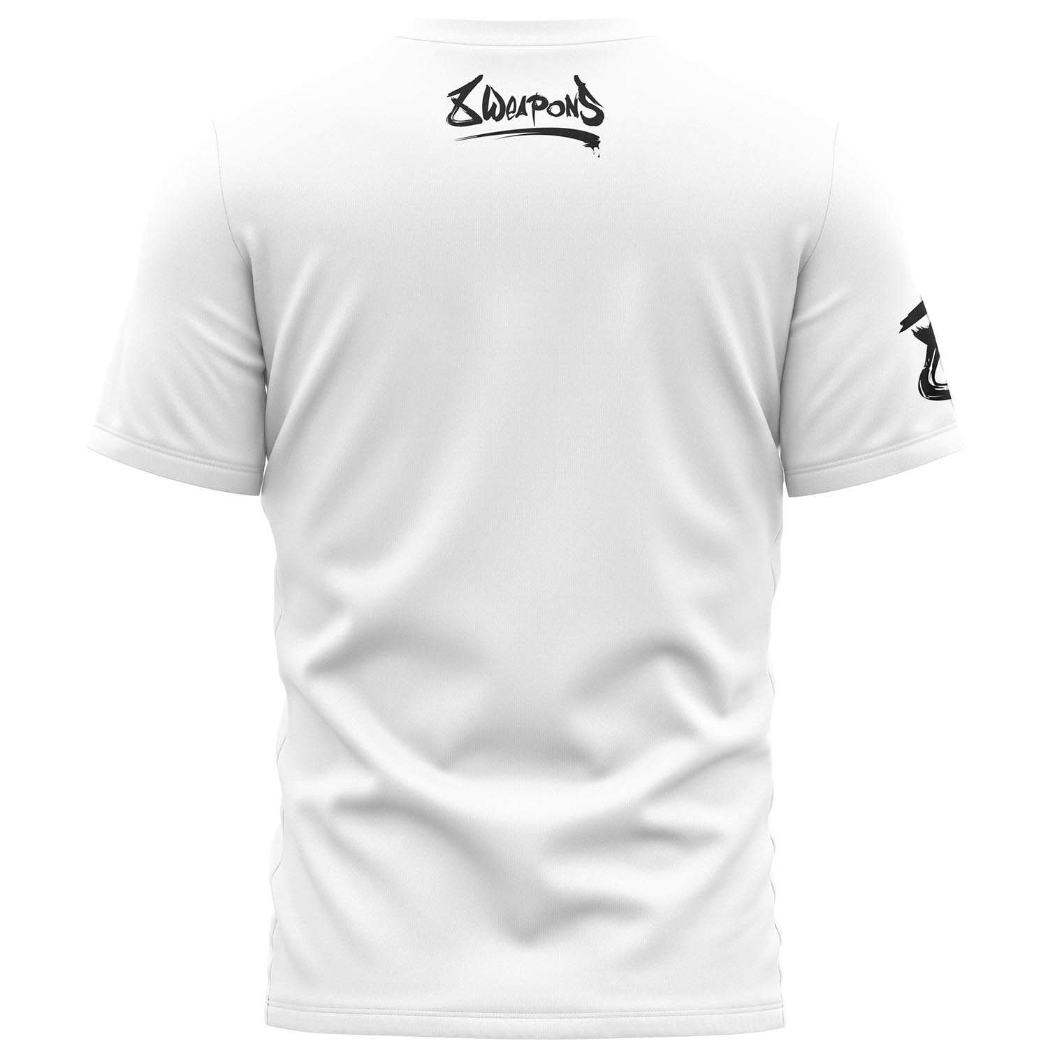 T-shirt blanc 8 WEAPONS avec motif Sak Yant Tigers Muay Thaï, symbole de force et protection.