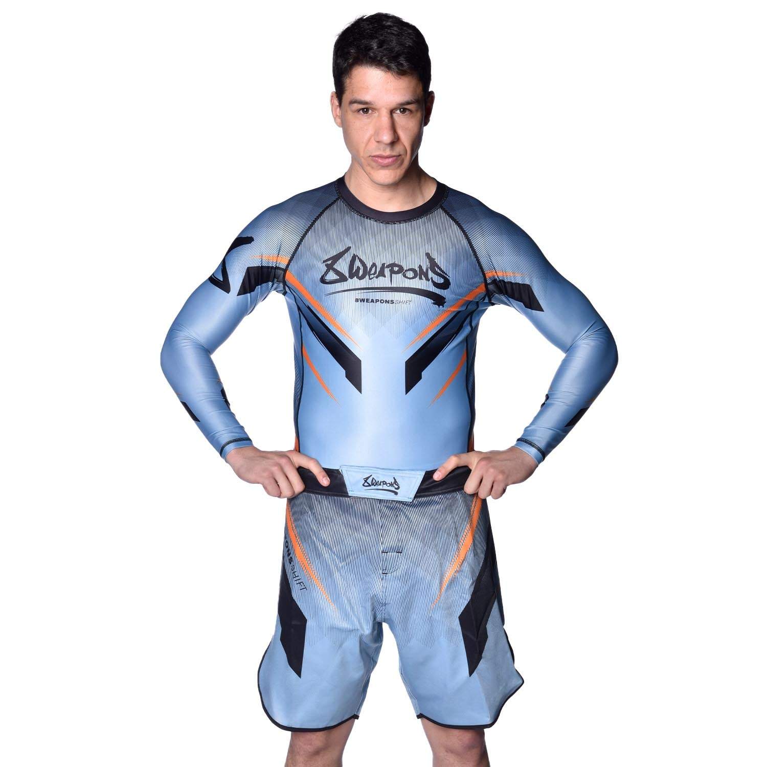 Short de combat Fightshort 8 WEAPONS gris glacé orange avec fentes latérales et ceinture élastique