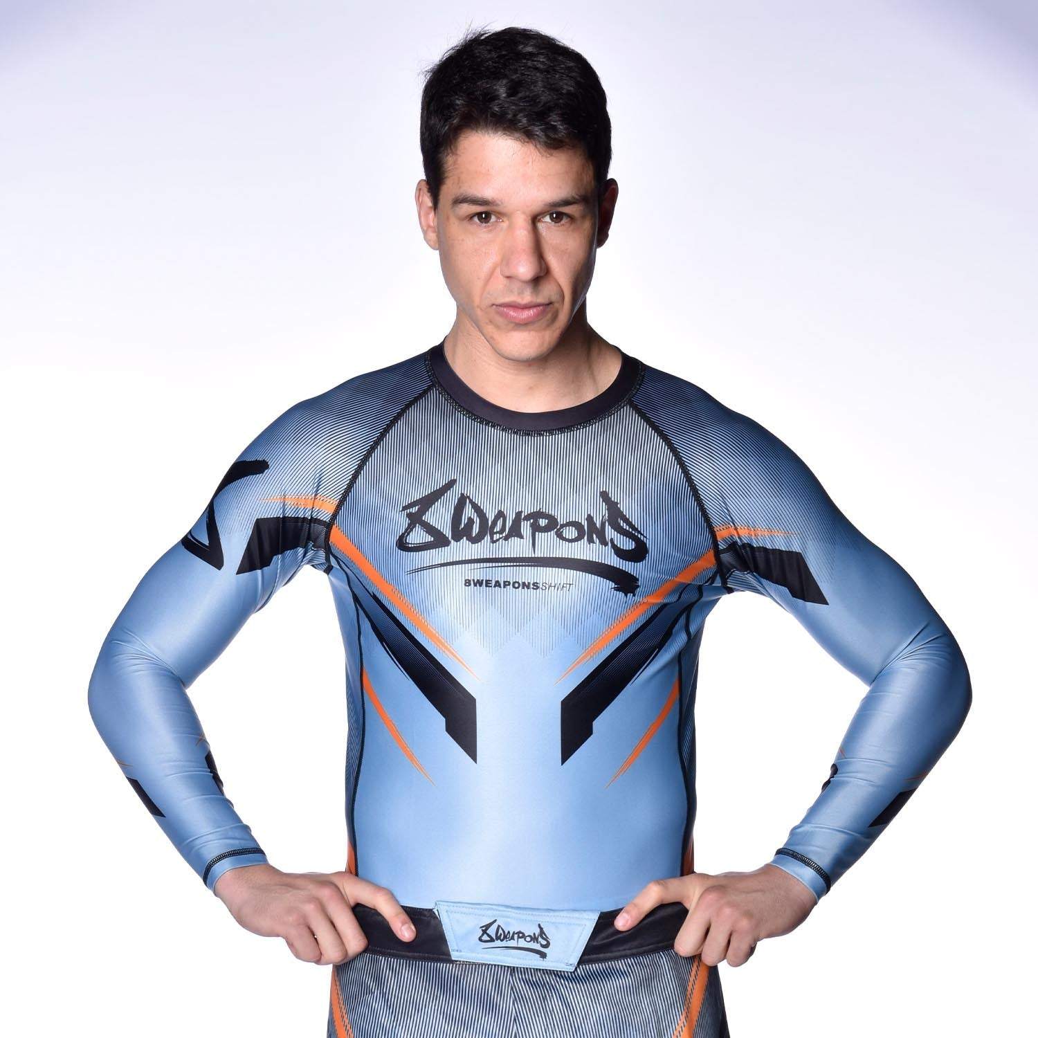 Rashguard manches longues 8 WEAPONS Shift gris glacé et orange, coupe ergonomique et compression sportive