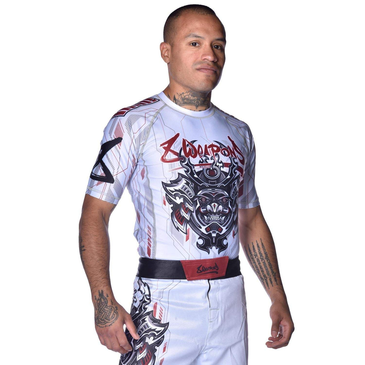Rashguard manches courtes 8 WEAPONS Samurai 2.0 blanc rouge coupe ajustée compression sportive