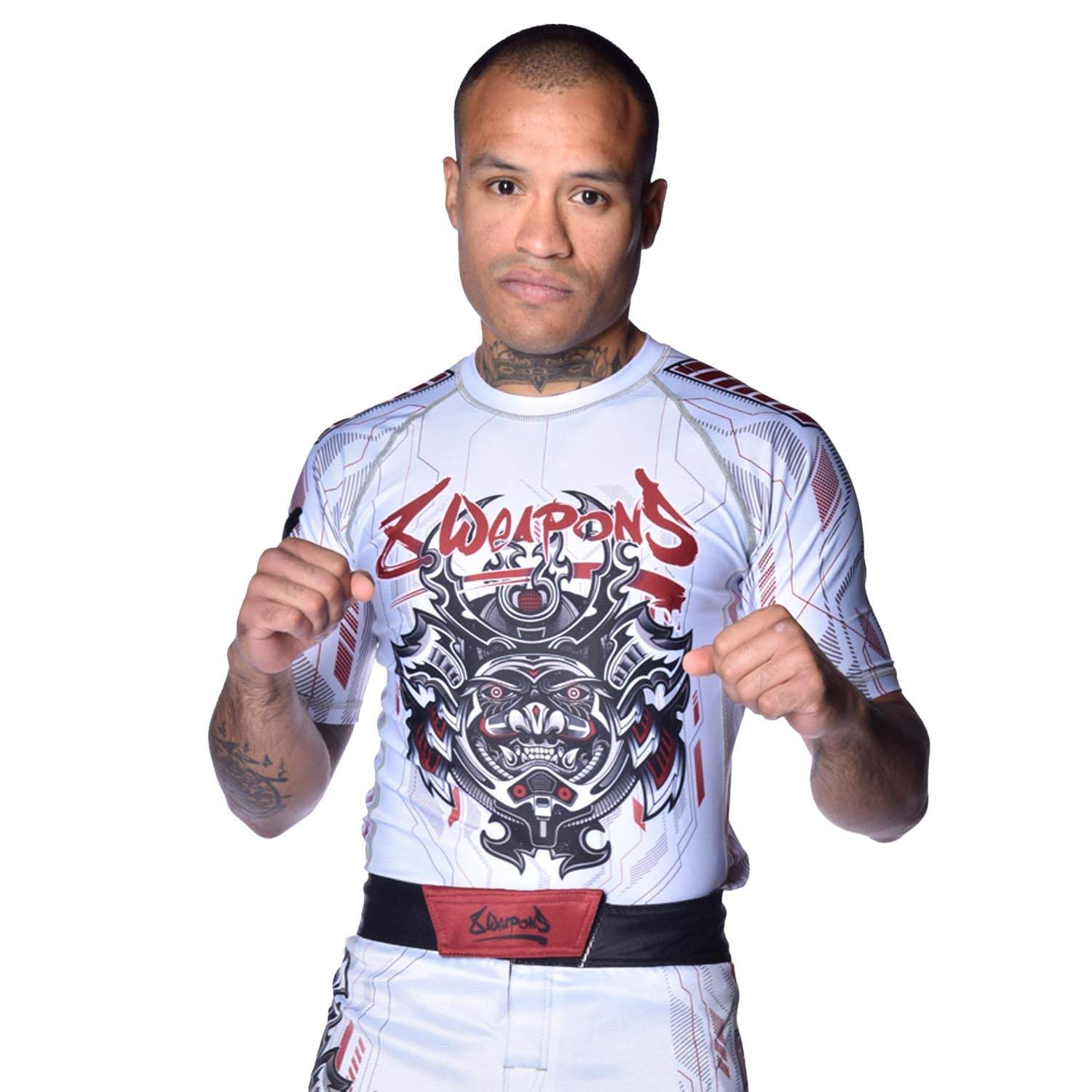 Rashguard manches courtes 8 WEAPONS Samurai 2.0 blanc et rouge, coupe ajustée et haute performance pour sports de combat