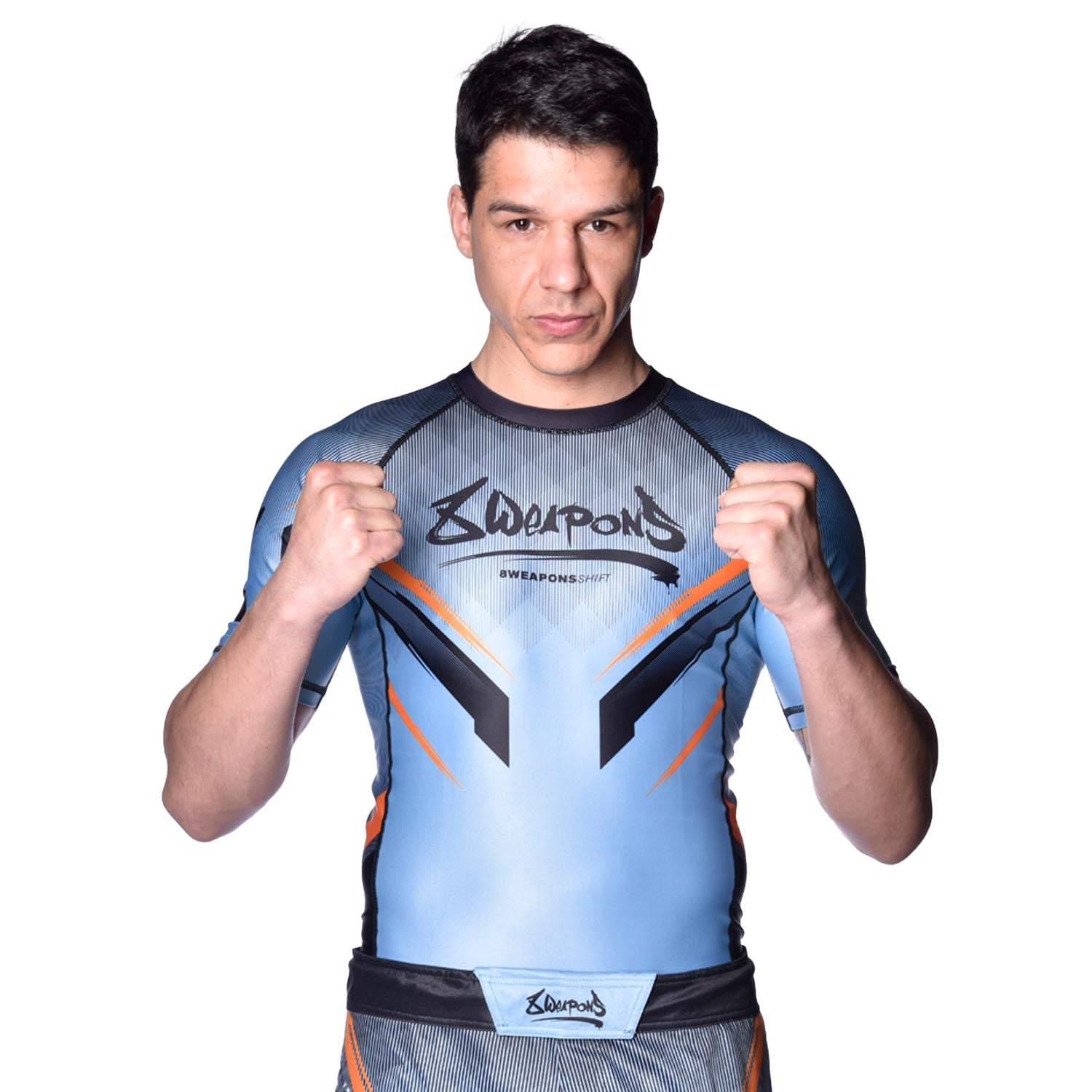 Rashguard manches courtes 8 WEAPONS gris glacé orange coupe ergonomique compression sportive
