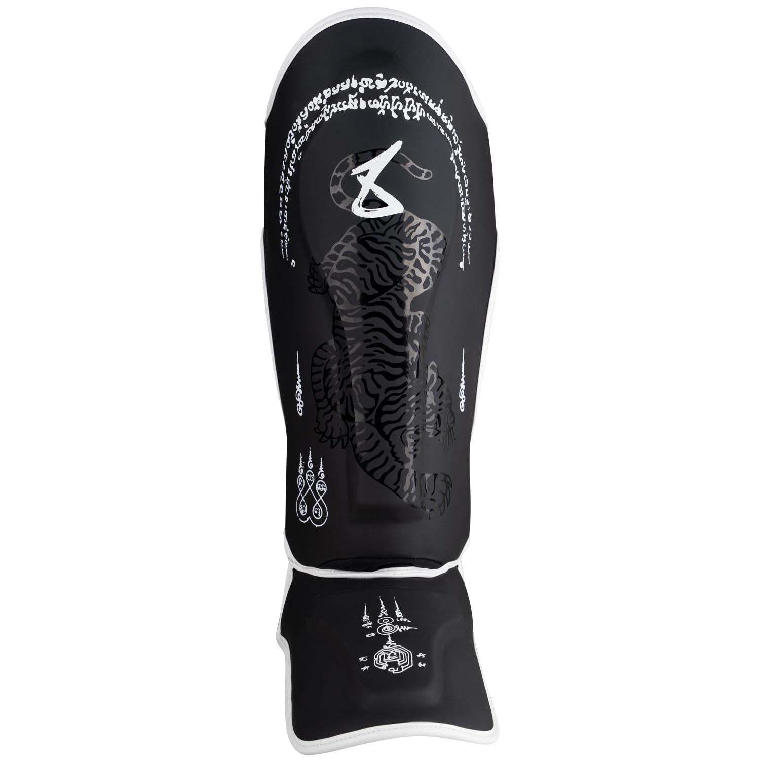Protège-tibias 8 WEAPONS Sak Yant Big Tiger noir avec motif tigre, mousse haute densité et bandes auto-agrippantes.