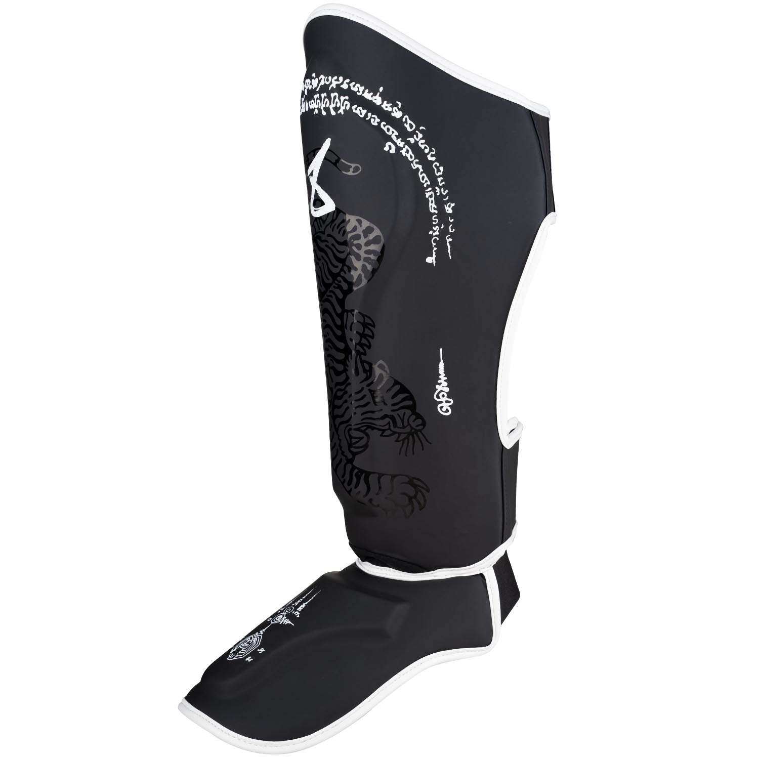 Protège-tibias 8 WEAPONS Sak Yant Big Tiger noir avec mousse haute densité et fixation auto-agrippante