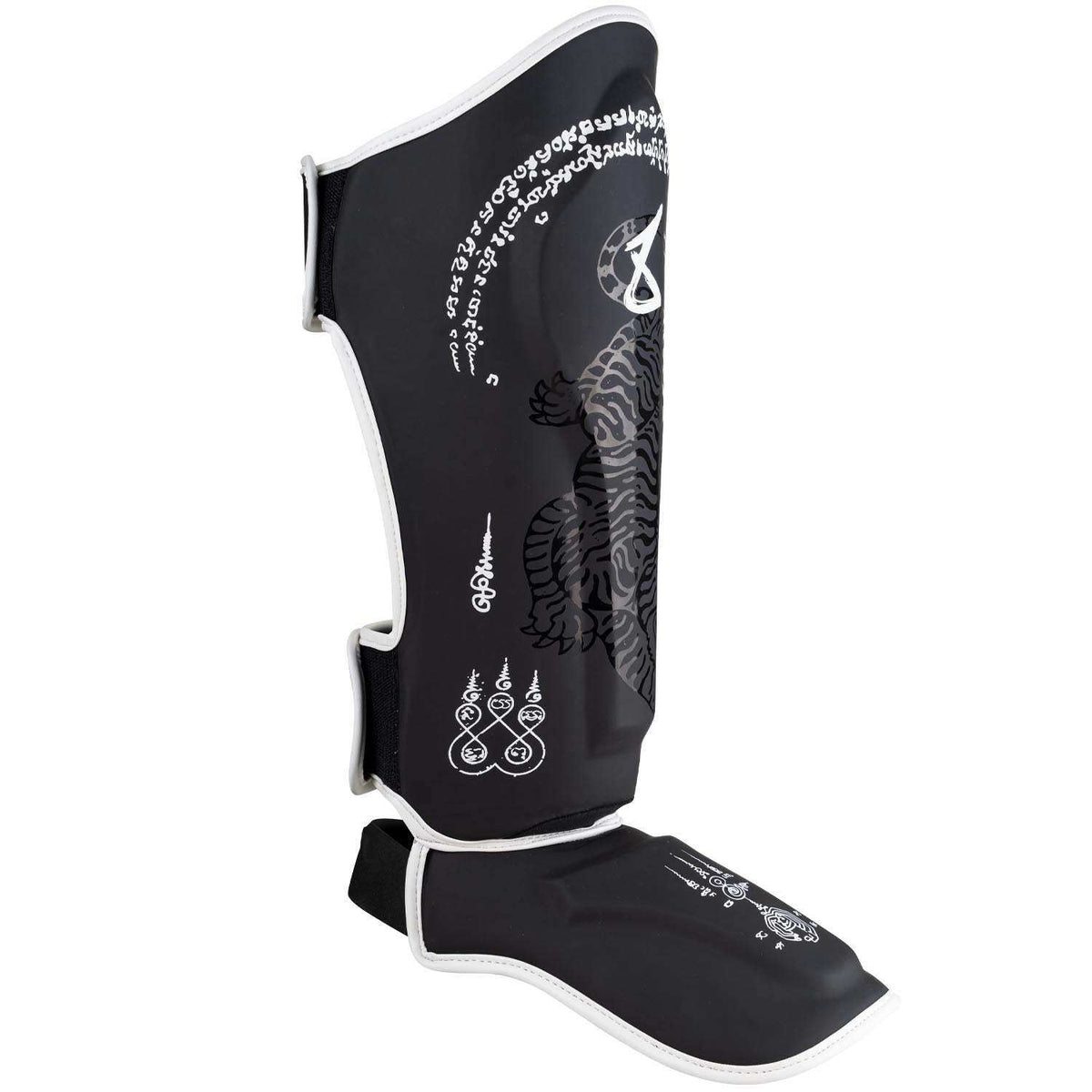 Protège-tibias 8 WEAPONS Sak Yant Big Tiger noir avec motif tigre pour protection Muay Thaï