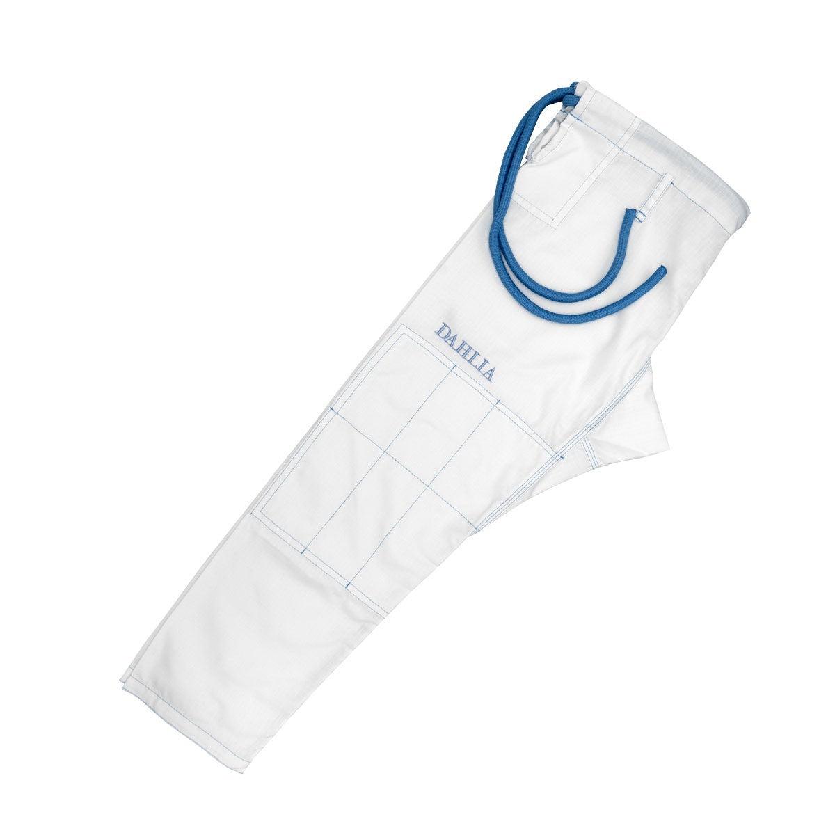 White Kimono BJJ Gi pants with blue drawstring and DAHLIA embroidery designed for women by FUJIMAE