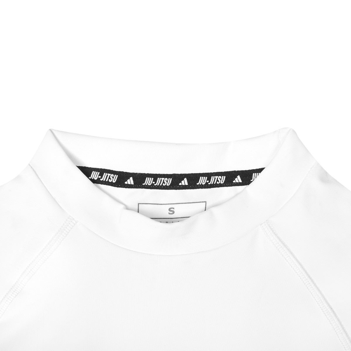 White adidas rashguard for judo and jiu-jitsu training with stretch lycra fabric and Jiu-Jitsu branded collar trim