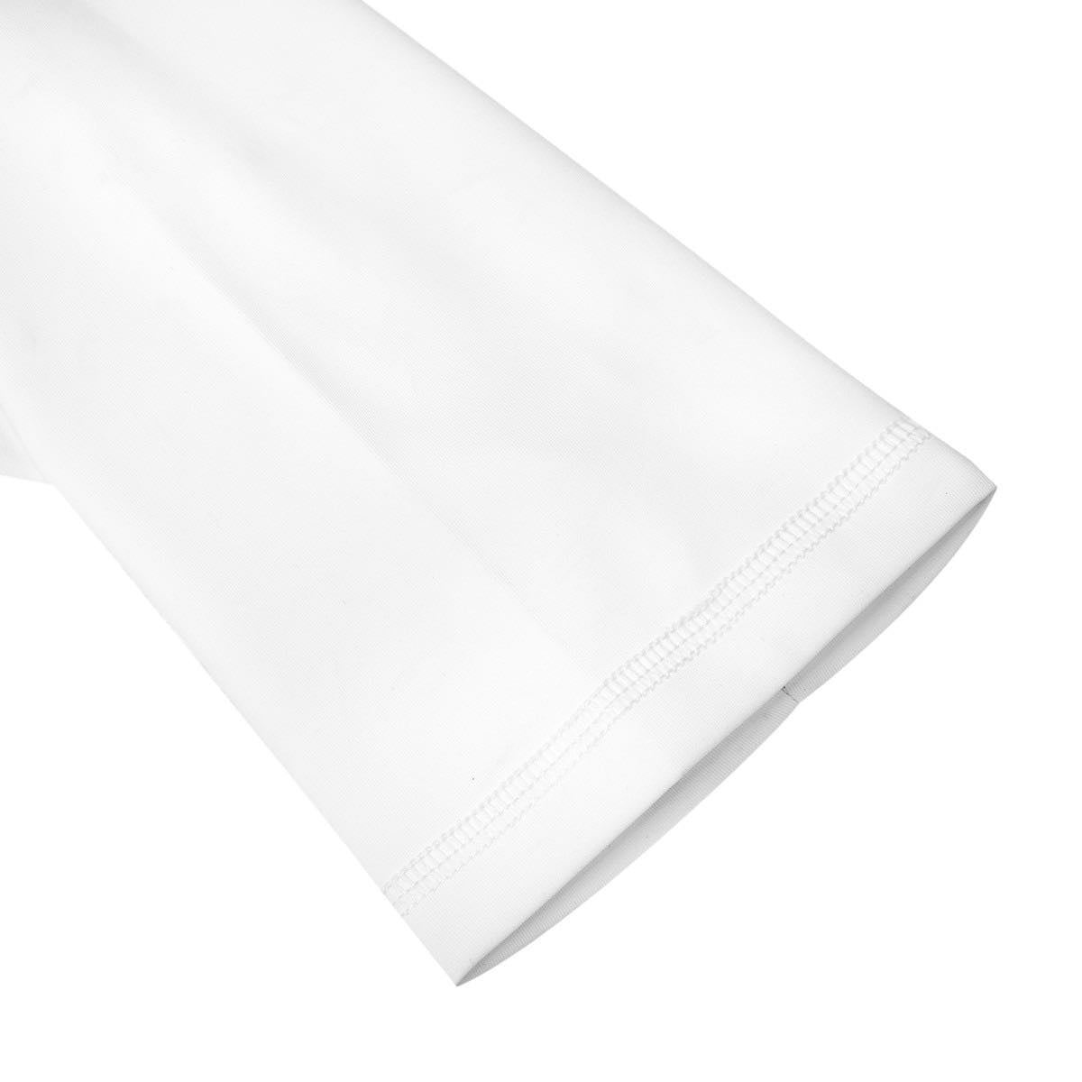 Close-up of white adidas rashguard sleeve made from stretch lycra for judo and jiu-jitsu training