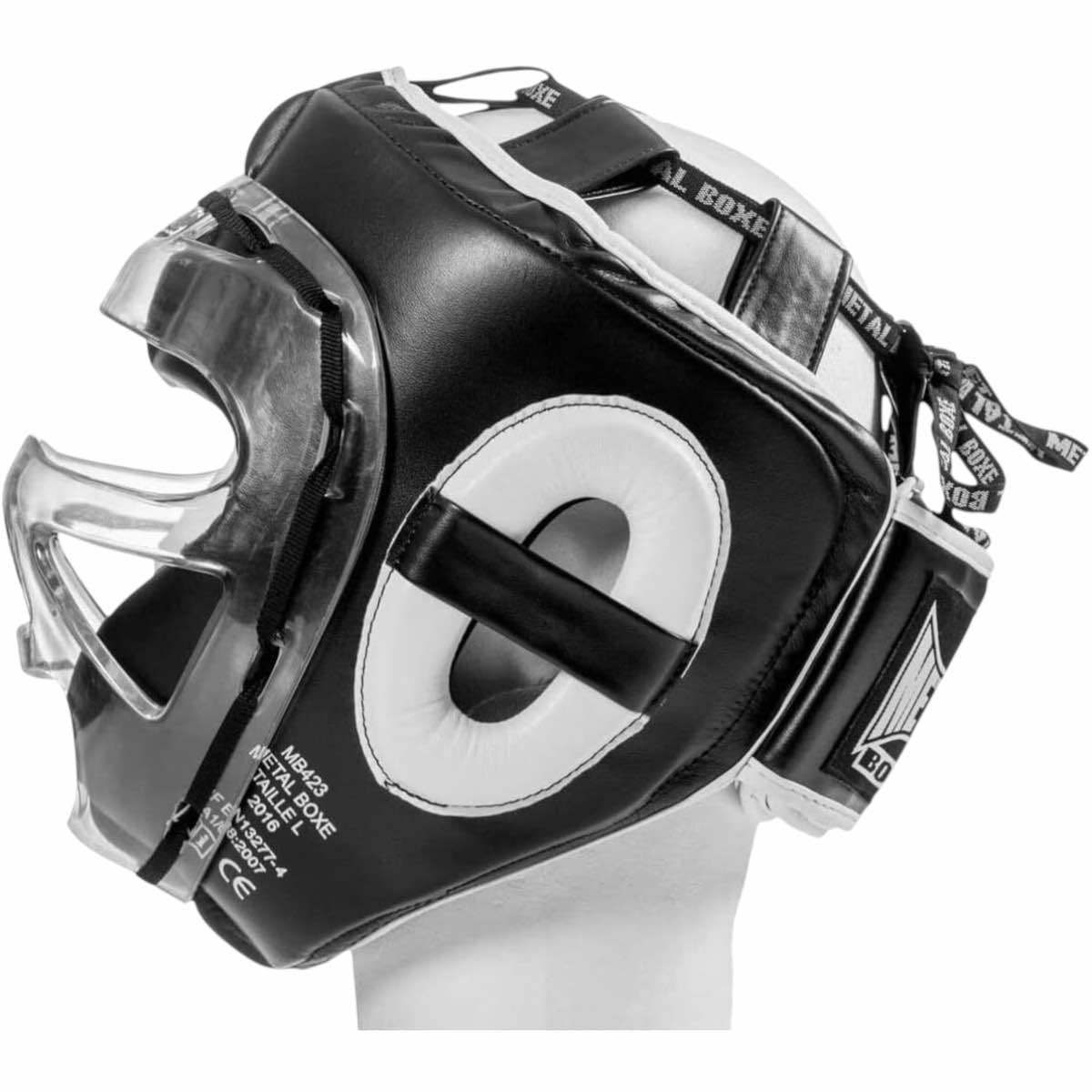 Casque MMA Metal Boxe intégral noir avec visière polycarbonate et rembourrage mousse EVA
