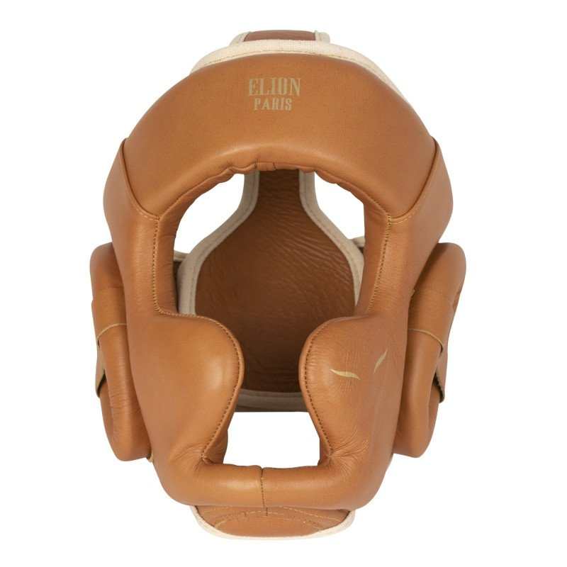 Casque de Boxe Elion en cuir marron avec rembourrage intégral, protection optimale et design vintage.