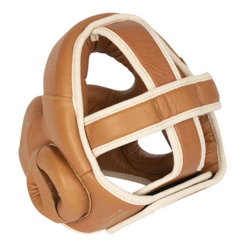 Tan leather Casque de Boxe Elion full boxing headgear with white trim and padded protection