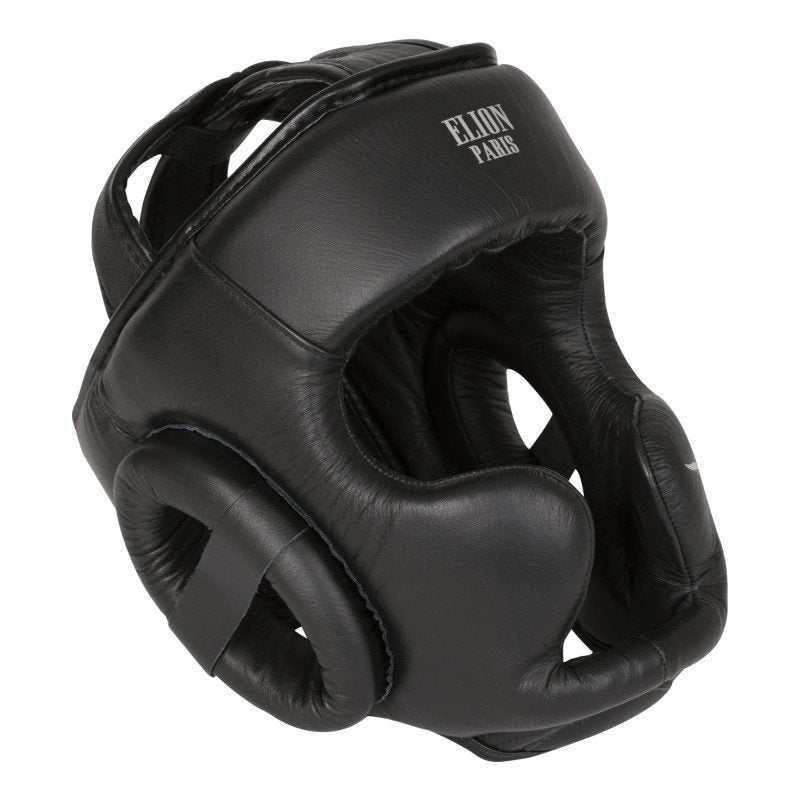 Black Casque de Boxe Elion full leather boxing headgear with dense foam padding and ergonomic design for comfort and protection