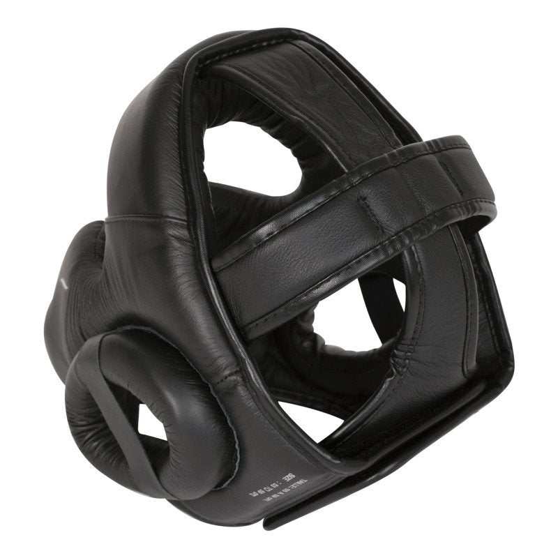 Black full-face Elion boxing helmet made of leather with dense foam padding and adjustable straps for optimal protection and comfort.