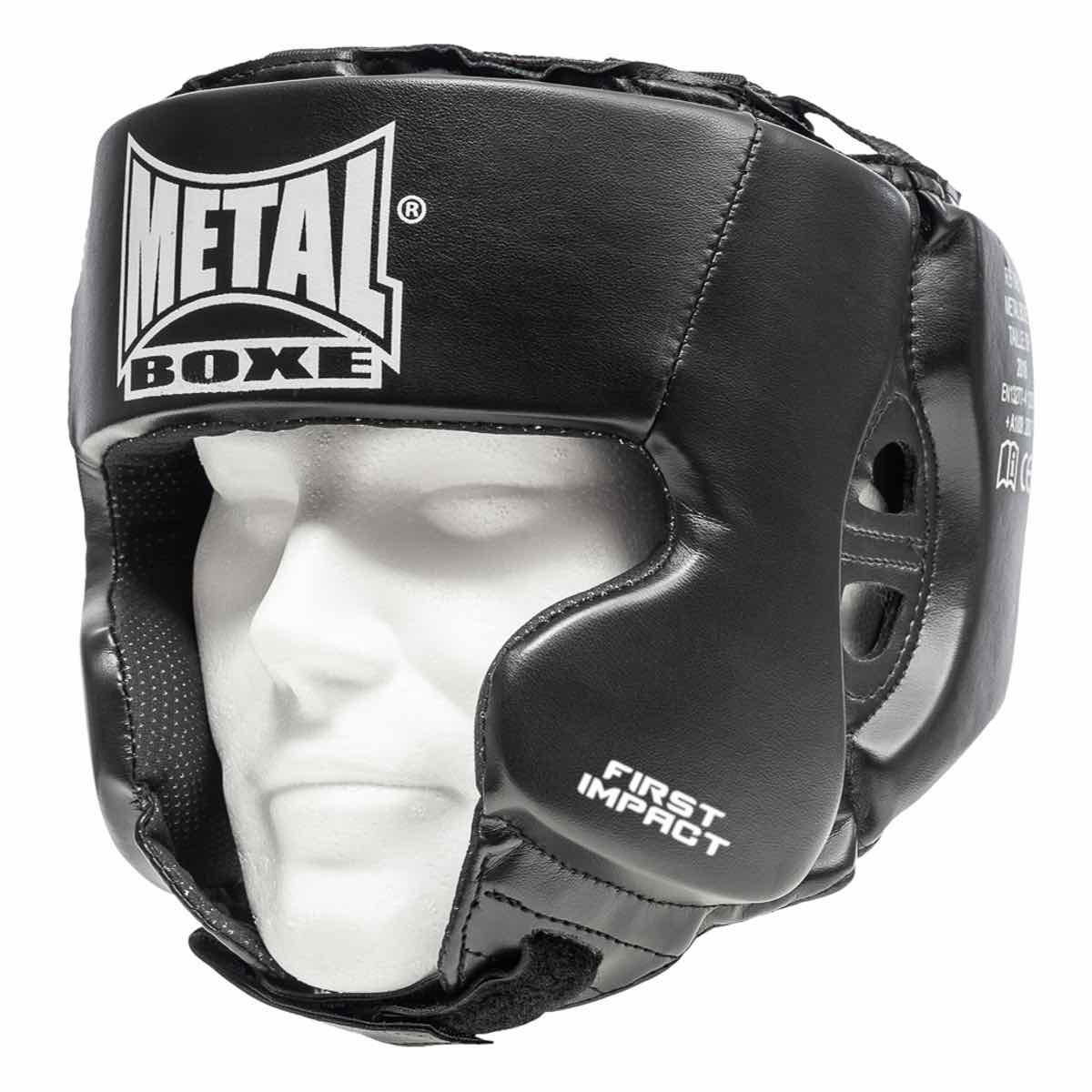 Black Metal Boxe training boxing helmet with full face and head protection, adjustable straps, and foam padding.