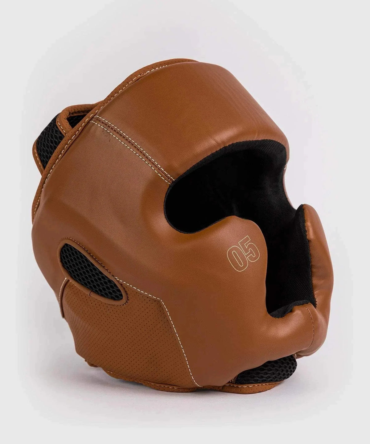 Vintage brown leather-look Venum Impact Evo boxing headgear with multi-density foam and open face design for enhanced visibility and protection.