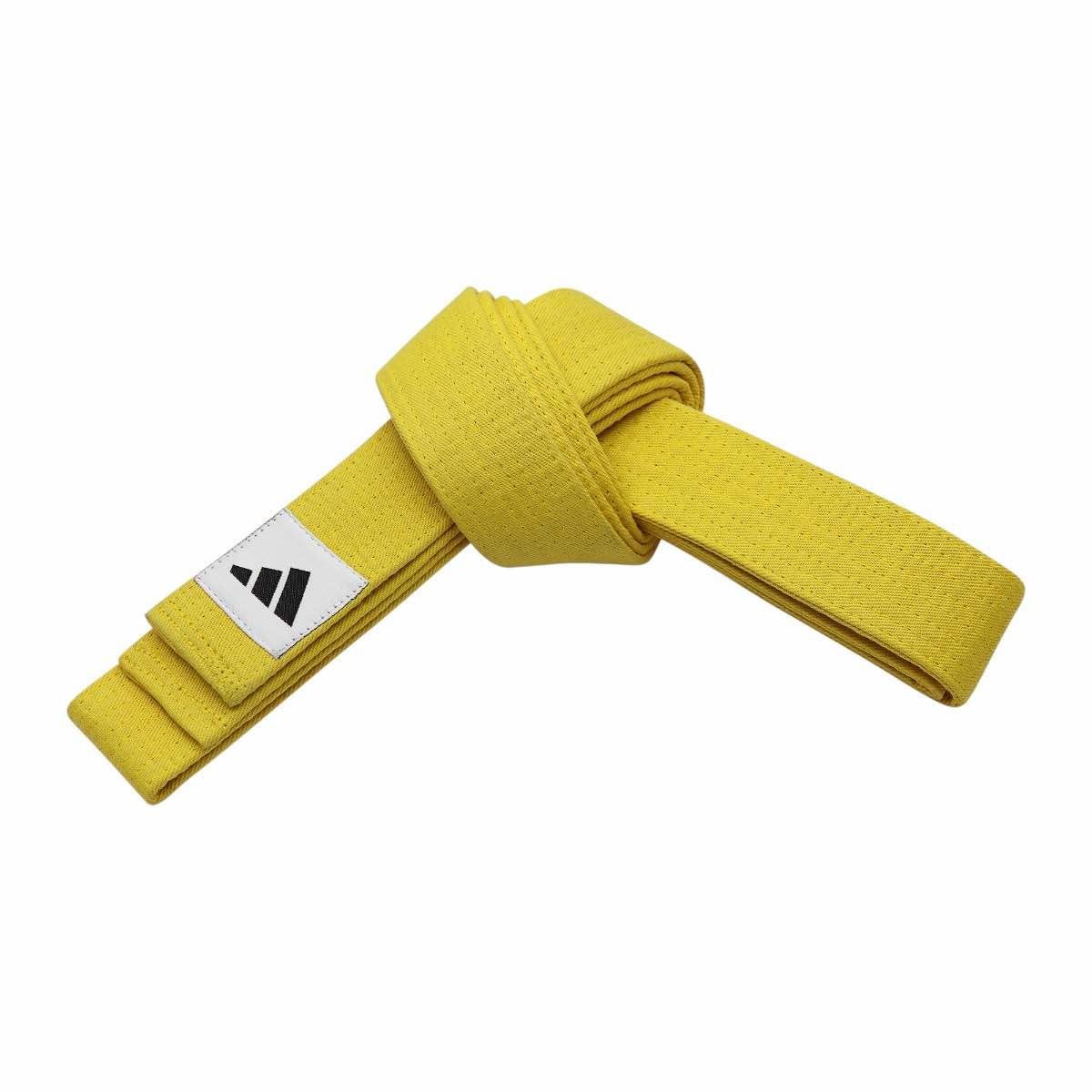 Yellow Adidas martial arts belt Ceinture Arts Martiaux made of 100% cotton with eight stitches, suitable for judo, karate, taekwondo, and other combat sports.