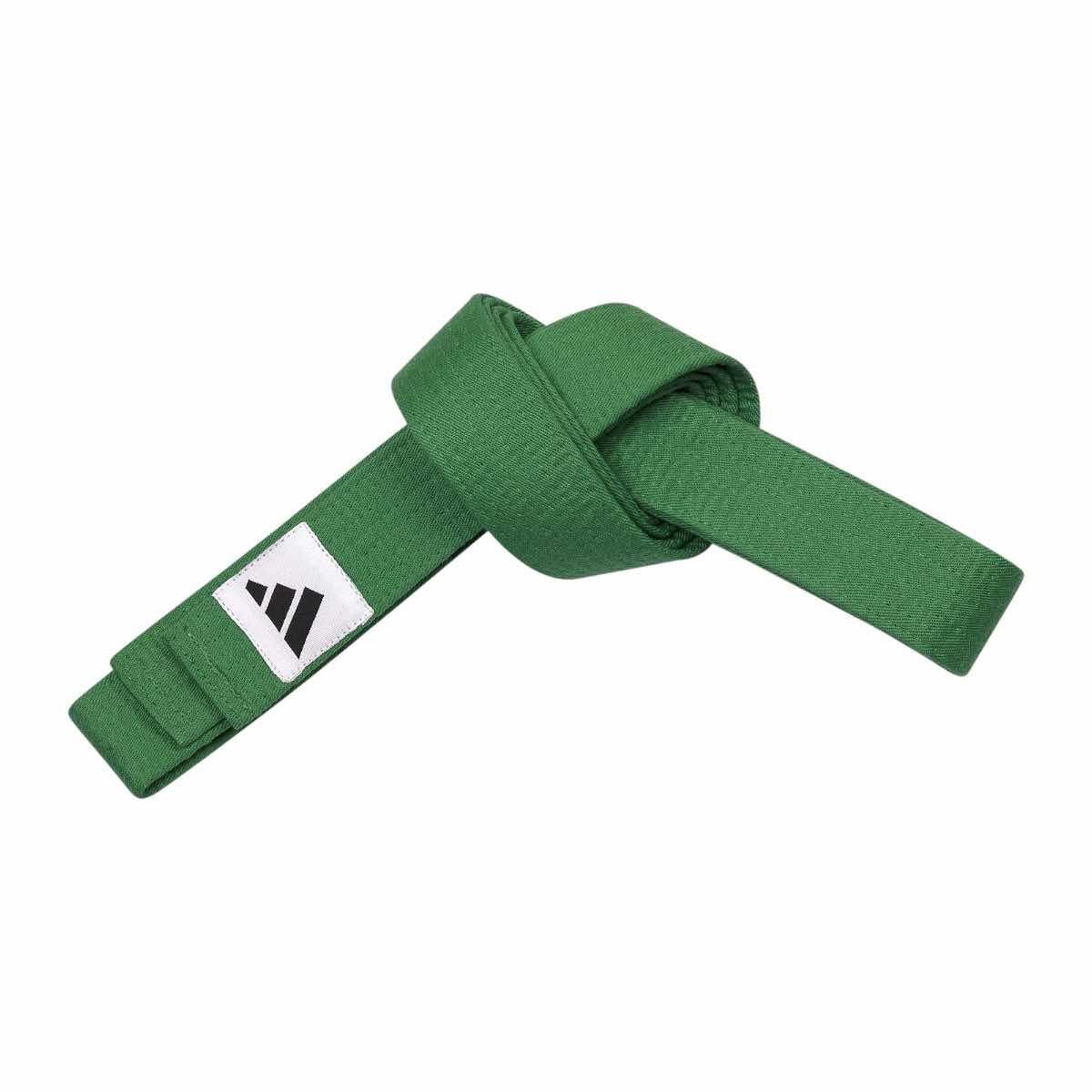 Green Adidas martial arts belt with logo, flexible and durable cotton fabric, suitable for judo and karate practitioners