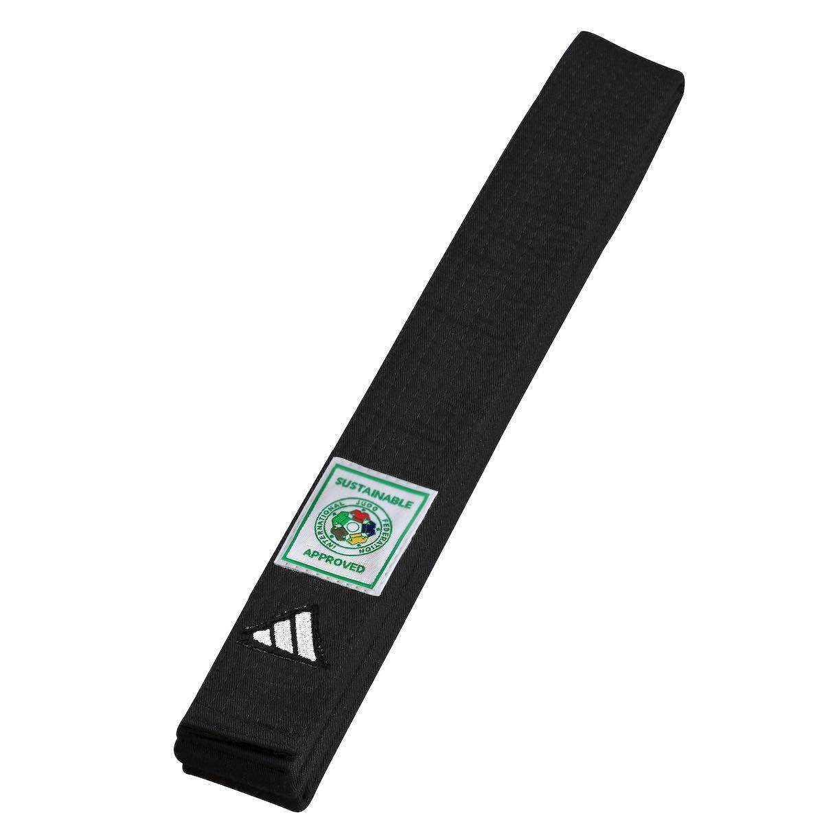 Black Adidas IJF-approved Elite Judo belt made of 100% cotton with sustainable approval patch and embroidered Adidas logo.