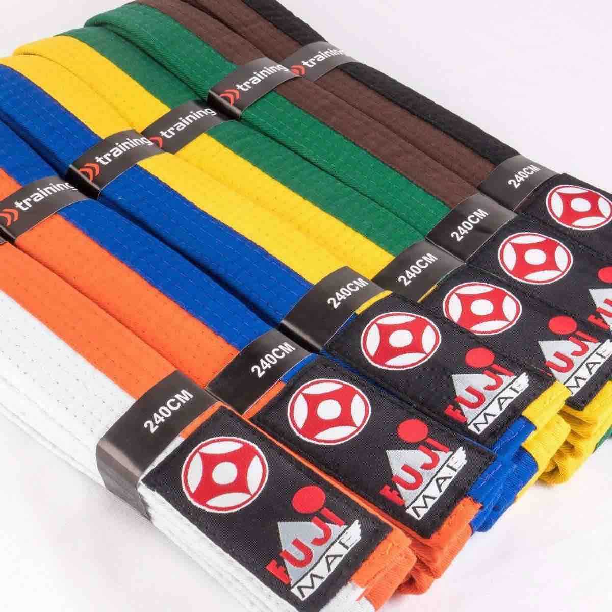 Set of FUJIMAE Kyokushinkai bicolore karate belts in various color combinations, 240 cm length, made of durable cotton