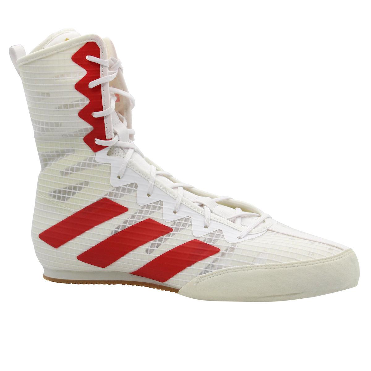 White and red Adidas Box Hog IV boxing shoes with high ankle support and lightweight design