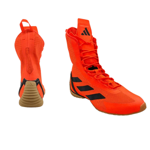 Chaussures de boxe Adidas Speedex rouge solaire ultra-légères avec tige en mesh respirant et maintien talon, idéales pour boxe anglaise.