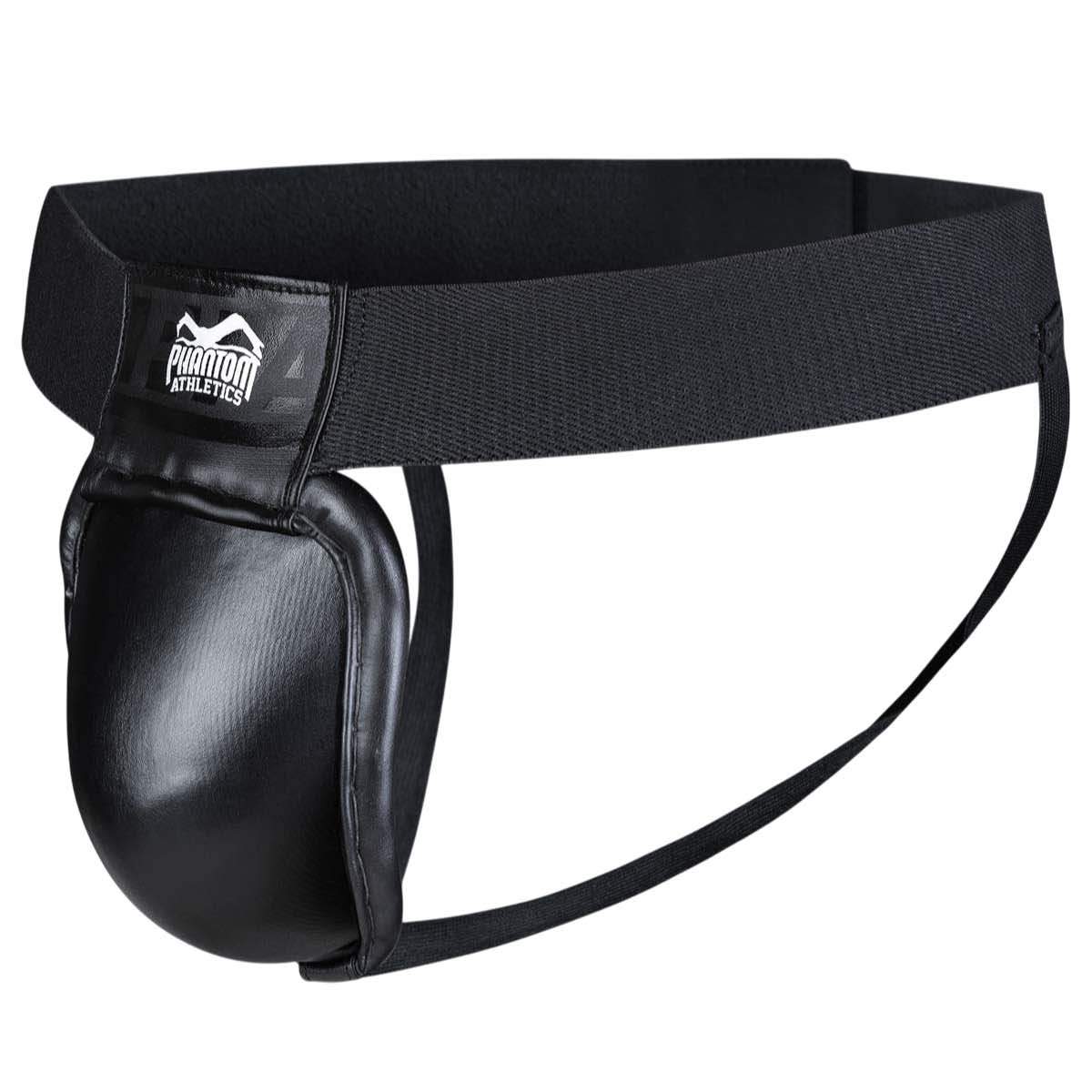 Coquille Muay Thai Phantom APEX Titan noire avec tasse métallique et ceinture élastique large pour protection arts martiaux