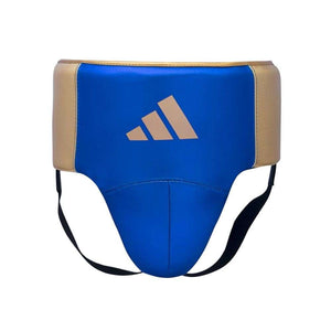 Blue and gold Adidas professional boxing groin protector with microfiber leather and secure adjustable straps