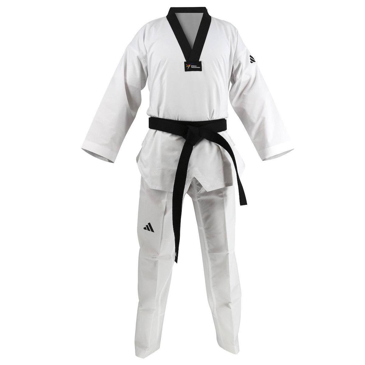 Dobok Adidas Champion II white taekwondo uniform with black collar and black belt for technical training and competitions