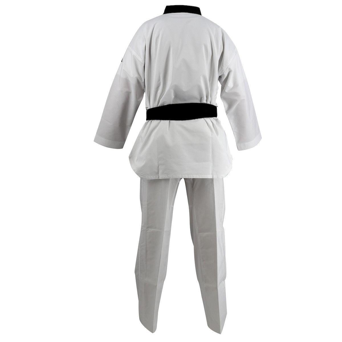 White Dobok Adidas Champion II Taekwondo uniform with black collar and belt, rear view