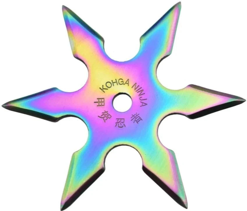 Rainbow-colored 6-point shuriken made of 420 stainless steel with titanium finish, designed for martial arts with central hole and engraved text.