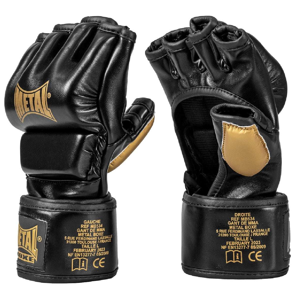 Gants MMA GRS Metal Boxe noirs et dorés en matériaux recyclés, durables et performants pour training et self-défense