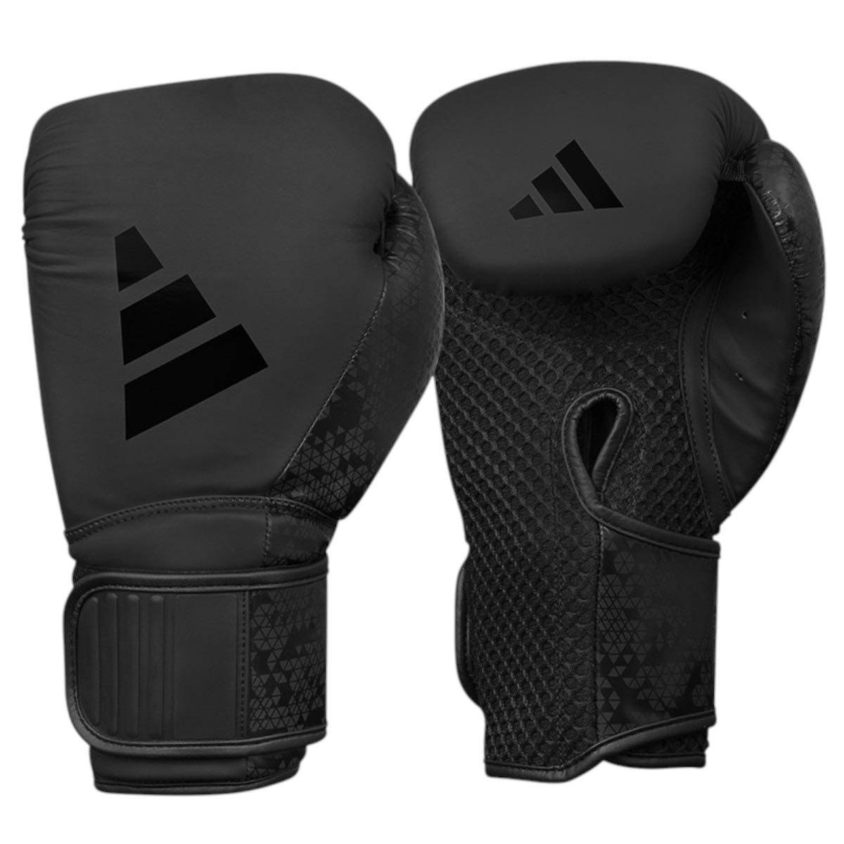 Gants de Boxe Combat 50 adidas noirs en PU avec ventilation Mesh et fermeture velcro pour entraînement débutants.