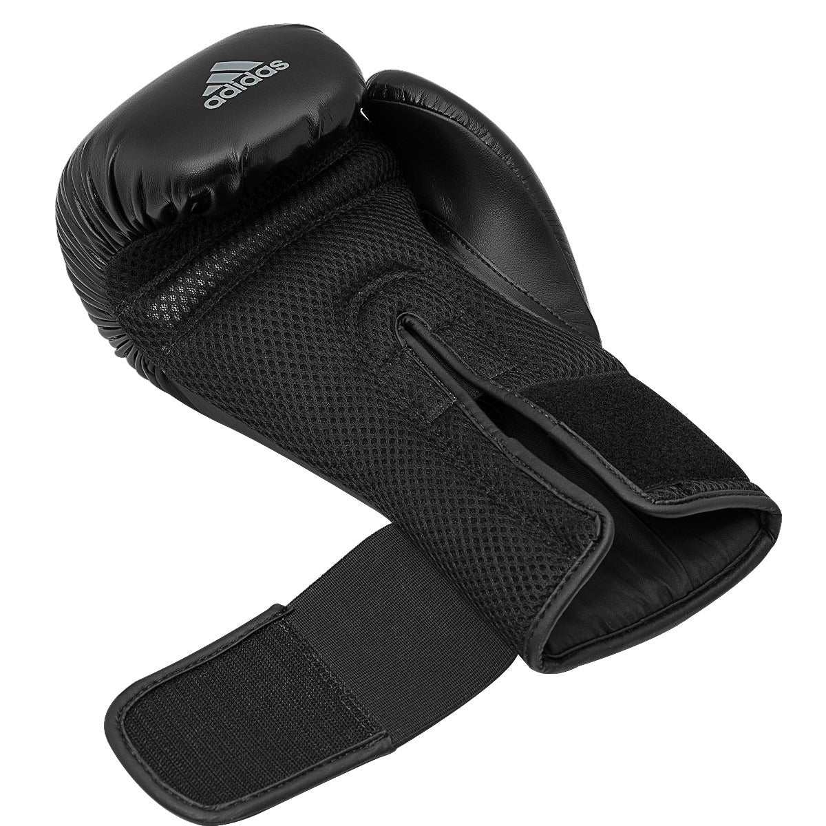 Black and grey Adidas Speed Tilt 150 training boxing gloves with breathable mesh and Velcro strap closure