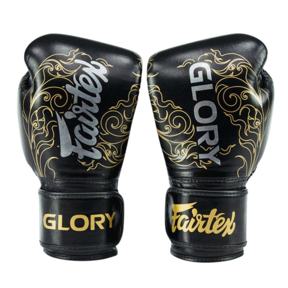 Gants de Boxe Fairtex x Glory noirs en cuir, mousse double densité, ergonomiques et résistants pour boxe et Muay Thai