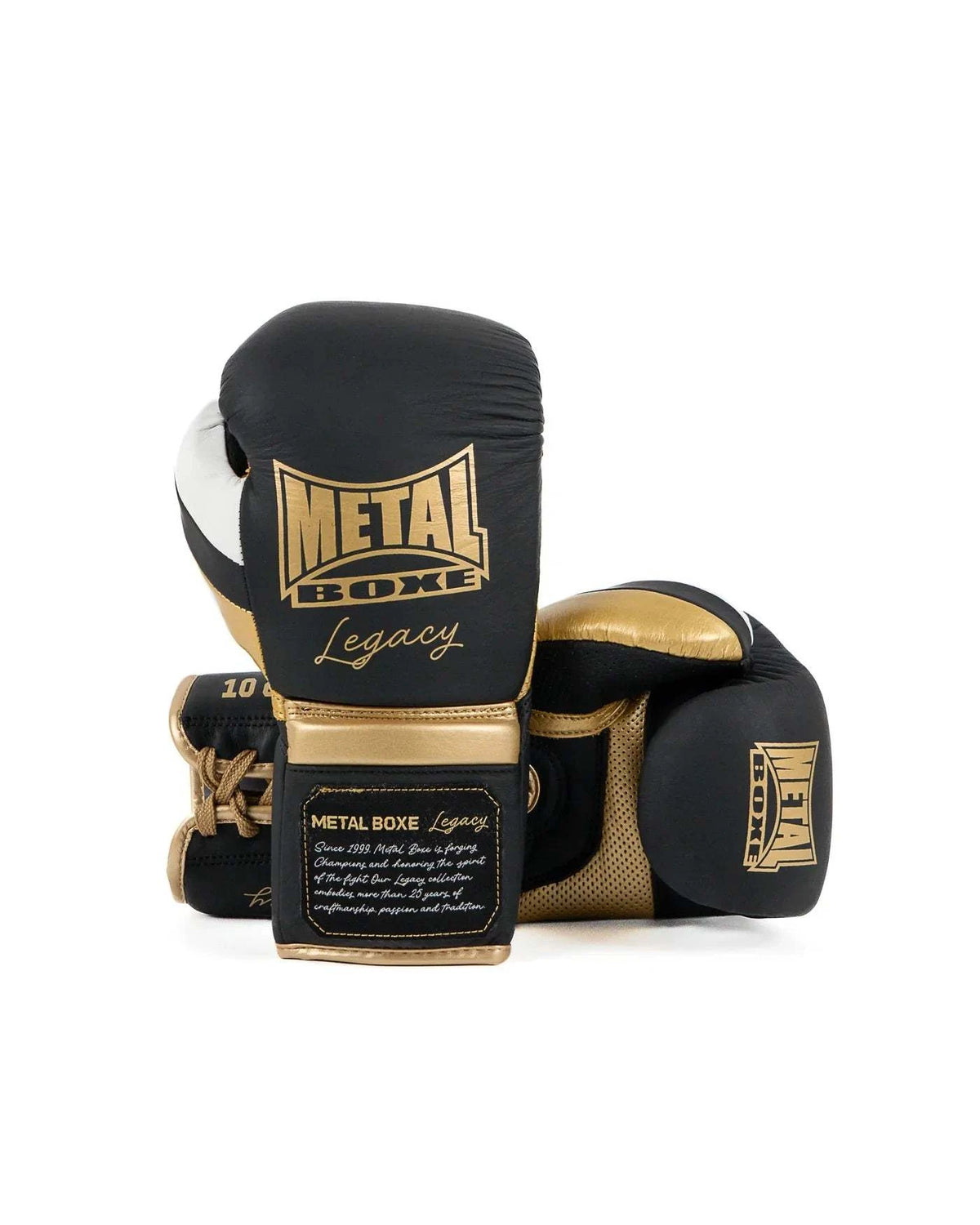 Black and gold Metal Boxe Legacy foam boxing gloves with lace-up closure and premium leather design