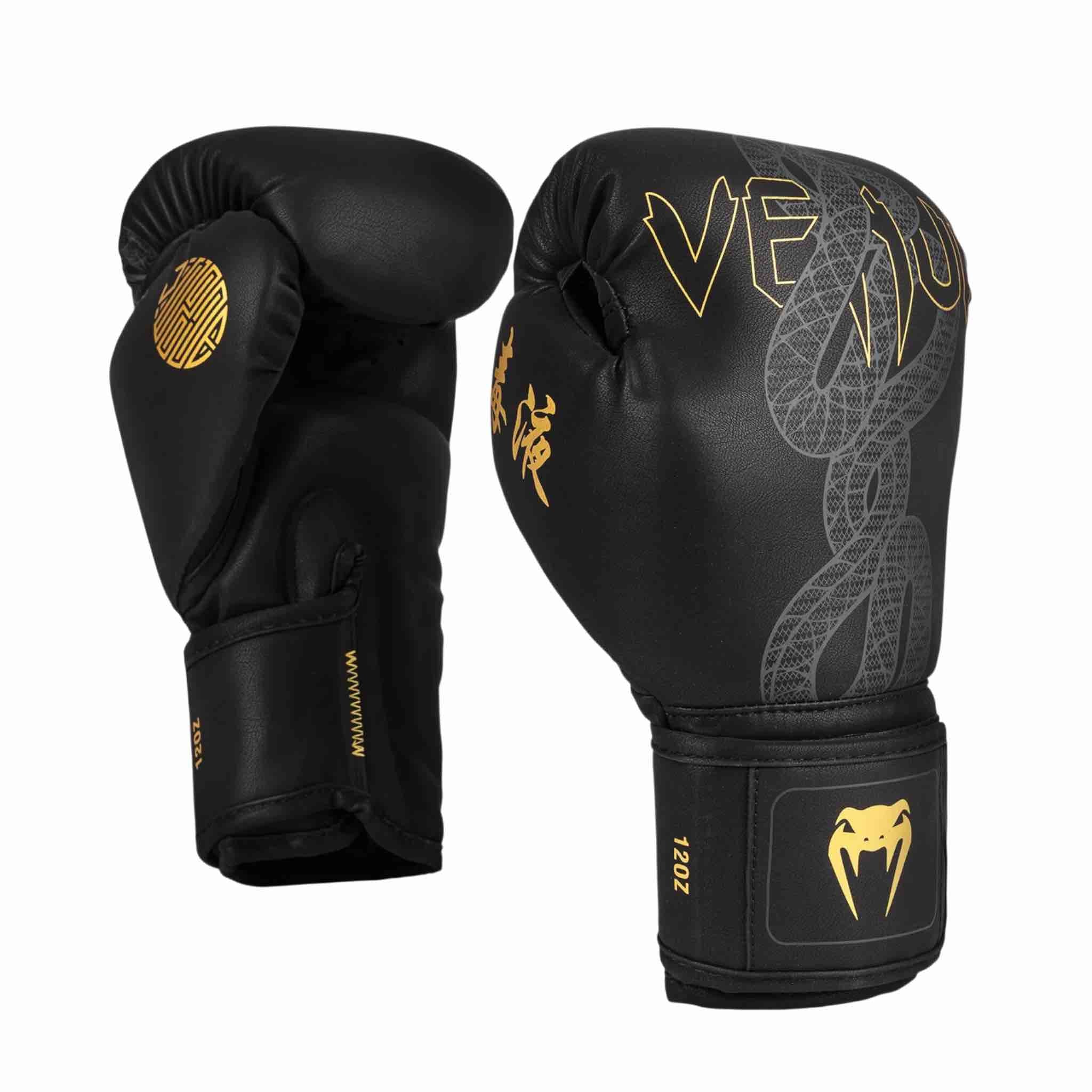 Gants de boxe Venum Serpenti noir argent or design serpent performance et protection maximale