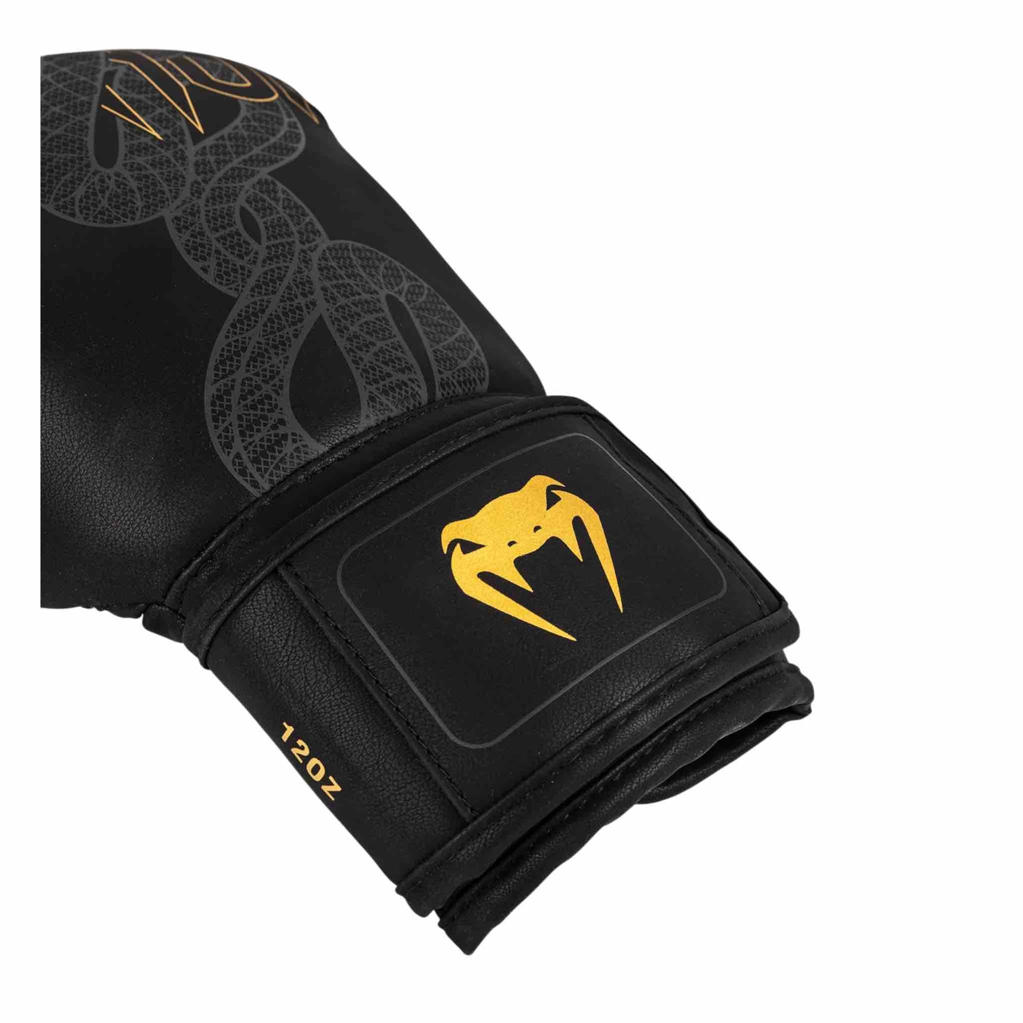 Gants de boxe Venum Serpenti noir argent or avec mousse triple densité et paume renforcée